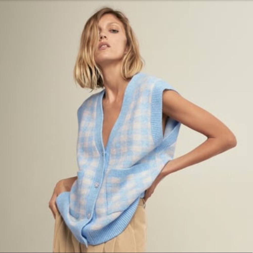 Blue plaid knit Zara Vest